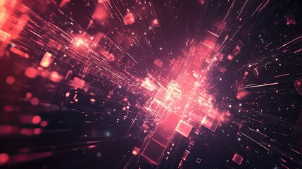 Fototapete - Glowing geometric patterns and light beams interconnected on a dark tech background