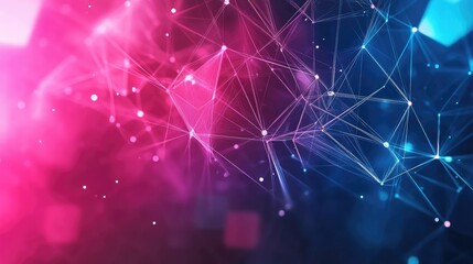 Poster - Glowing geometric shapes connected by data lines on a modern tech process background