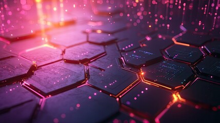 Poster - Glowing hexagonal patterns with data points floating in a digital space background
