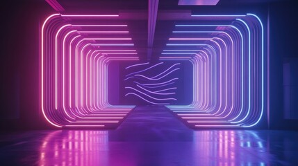 Fototapete - High-tech digital waves and geometric shapes glowing with neon lights