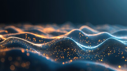 Poster - High-tech digital waves with glowing data points on a gradient tech process backdrop