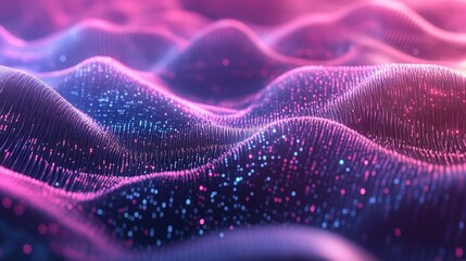 Poster - High-tech digital waves with glowing data points on a gradient tech process backdrop
