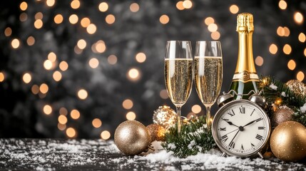 A snow-covered table showcases a champagne bottle and two glasses filled with sparkling wine, welcoming the New Year at midnight