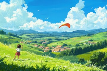 Poster - a painting of a girl flying a kite in a field