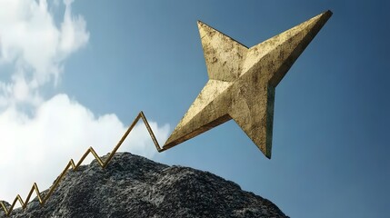 Wall Mural - A golden star symbol at the peak of an upward trend line, representing financial success, no background