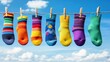 © tinnakorn - Colorful socks hang on a line against a bright sky, showcasing vibrant patterns and creativity.