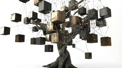 Poster - A 3D decision tree diagram, showing distinct nodes and branches, representing a data-driven business decision model, no background