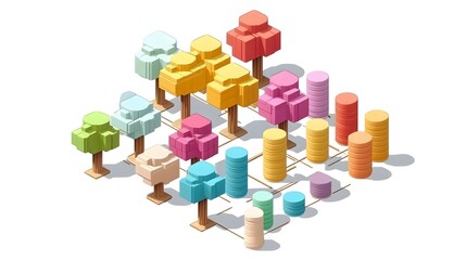 Poster - A 3D decision tree diagram with clear paths and color-coded nodes, representing a detailed decision-making model in data analysis, no background
