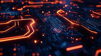 Poster - Neon circuit board pattern glowing on a dark blue background, perfect for tech processes