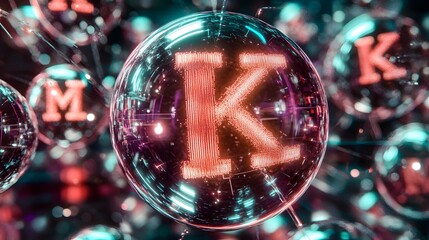 Poster - A futuristic K-Means model in 3D, with glowing centroids and clusters of data points grouped by proximity, with 'K-Mean' written at the center, no background