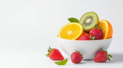 Fresh fruit bowl with strawberries, oranges, and kiwi