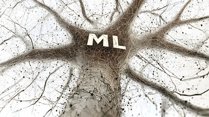 Poster - A close-up of a complex decision tree model, with 'ML' written in bold digital font at the center, no background