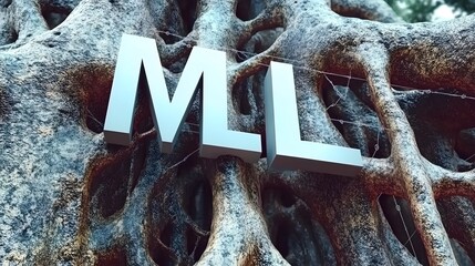 Poster - A futuristic data visualization with interconnected nodes, and 'ML' displayed in bold letters at the center, no background