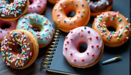 Poster -  Deliciously tempting assortment of colorful frosted donuts