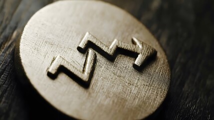 Poster - A close-up of a pie chart with an arrow up symbol, illustrating upward momentum in market share growth, designed with sleek metallic textures