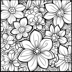 Poster - Captivating black and white doodle pattern featuring intricate floral designs intertwined with zentangle art elements perfect for a coloring book encouraging relaxation and creativity