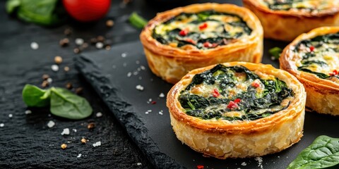 Delicious spinach and cheese tarts on a black stone plate.