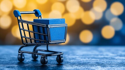 Miniature Shopping Cart with Blue Box on Wooden Surface.