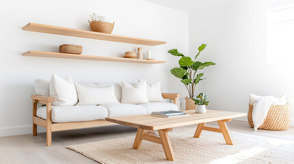 Poster - cozy Scandinavian living room featuring wooden sofa and natural accents