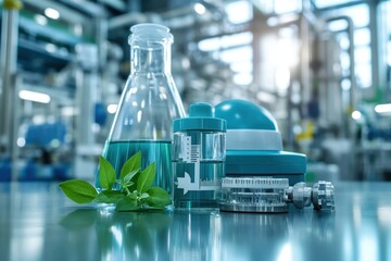 Poster - Lab equipment and glassware with vibrant liquids in a modern scientific facility during the day