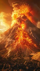 Wall Mural - an active volcano erupts, spewing lava and ash into the sky. the rugged, barren landscape adds to th