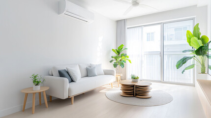 Poster - bright and airy Scandinavian living room featuring cozy sofa, plants, and natural light