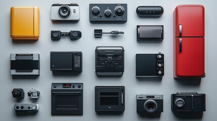 Poster - Minimalist icons of home appliances, including a stove, fridge, and household objects, designed with simplicity and functionality in mind.