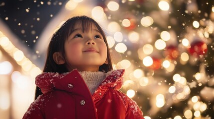 Poster - A young girl wearing a vibrant red coat gazes upward with joy as snowflakes dance around her, illuminated by the twinkling lights of a nearby Christmas tree during a magical winter evening.