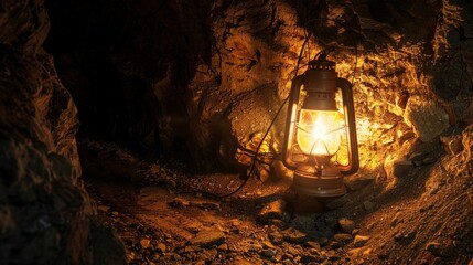 Wall Mural - a cave with a lit oil lamp casting eerie shadows on the wall, creating a mysterious ambiance. the wa