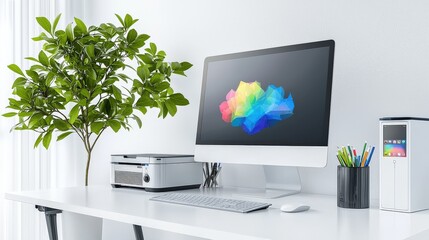 Poster - Modern home office with a desktop computer, stylish printer, and organized desk. High-resolution details capturing the tech-savvy workspace.