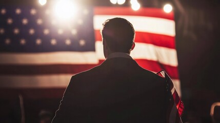 Man holding an American flag in front of a presidential campaign banner, symbolizing hope and change