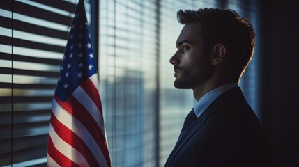 Man inside a political office holding the American flag, representing political aspirations