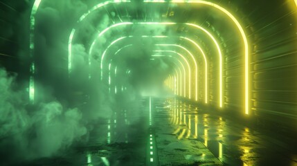Poster - Pulsating neon tunnel with alternating yellow and green lights, surrounded by dense fog and ethereal clouds