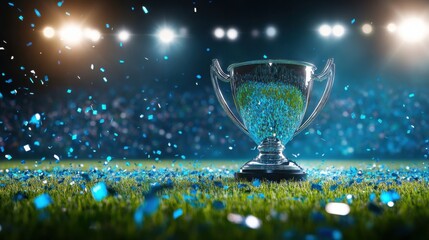 Shiny football champion cup on the field surrounded by green grass, spotlights beaming from above, and blue and silver confetti creating a festive atmosphere after the final game.