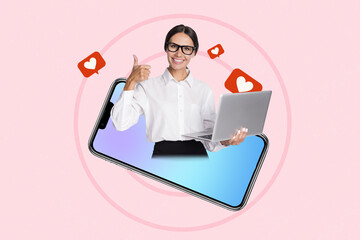 Poster - Composite photo collage of happy girl blogger hold laptop heart notification phone like social media thumb isolated on painted background