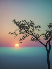 Wall Mural - A serene sunset over calm waters with a silhouetted tree on the horizon