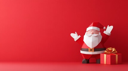 3D Festive Santa with Gift on Red Background