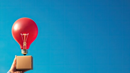 Wall Mural - hand holding a red balloon light bulb over a box, creativity concept.