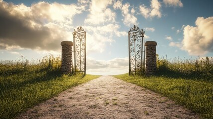 Wall Mural - Sunlit path through open iron gates leading to serene landscape under blue sky with clouds