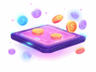 flat holographic cryptocurrency wallet device with floating coins concept | pan shot of wallet on wh