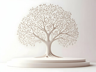 Wall Mural - Flat White Tree of Life Podium Concept with Close-Up Minimalist White Tree Outlines | Camera Pans Up Revealing Intricate Branches | Mental Health Growth Symbol for Janeiro Branco | Space for Personal 