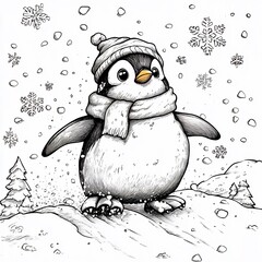 Poster - Charming black and white handdrawn coloring page for kids featuring a playful penguin sliding down an icy slope surrounded by snowflakes perfect for winterthemed creativity