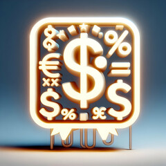 3D Macro Shot Glowing Discount Sign Currency Symbols Copy Space Close Up Financial Discounts Advertising Bokeh Lights Abstract Background 3D Icon Isolated White Background