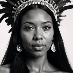 Black-and-white portrait showcases an African American woman wearing traditional headwear and jewelry with flowing dark hair