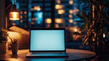 Sticker - modern laptop with blank screen on a table in a smart city office setting with blurred background