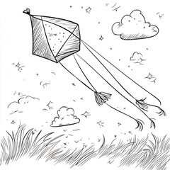 Poster - Charming handdrawn black and white outline of a colorful kite flying in the sky designed for kids to color and enjoy outdoor activities
