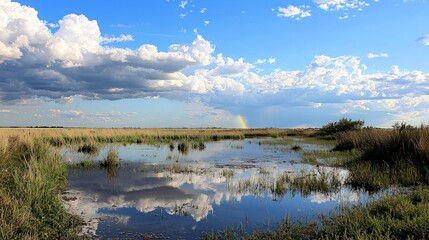 A rainbow arches over a calm lake with green grass and puffy clouds in the sky.