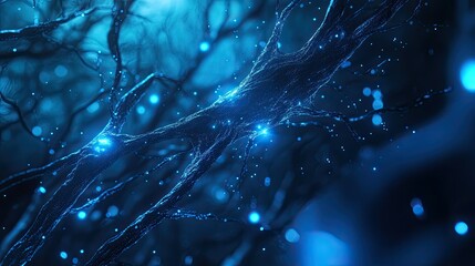 Poster - 3D rendering of AI neural connections glowing with blue light. Ample copy space available