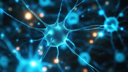 Poster - 3D rendering of AI neural connections glowing with blue light. Ample copy space available