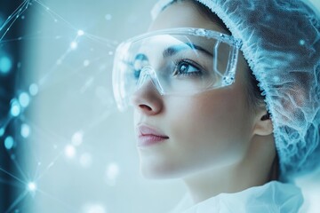 Poster - Young woman in safety goggles and a lab coat focused on scientific research in a modern laboratory